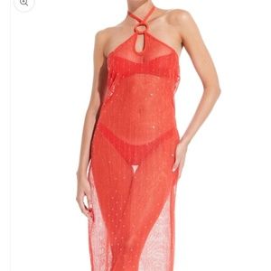 Solid & Striped Sequin Sundress Dress Sheer Beach Cover Up Cotton Coral Orange M